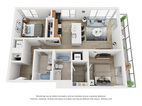 Floor plan for 2 beds, 2 baths, 873 sqft
